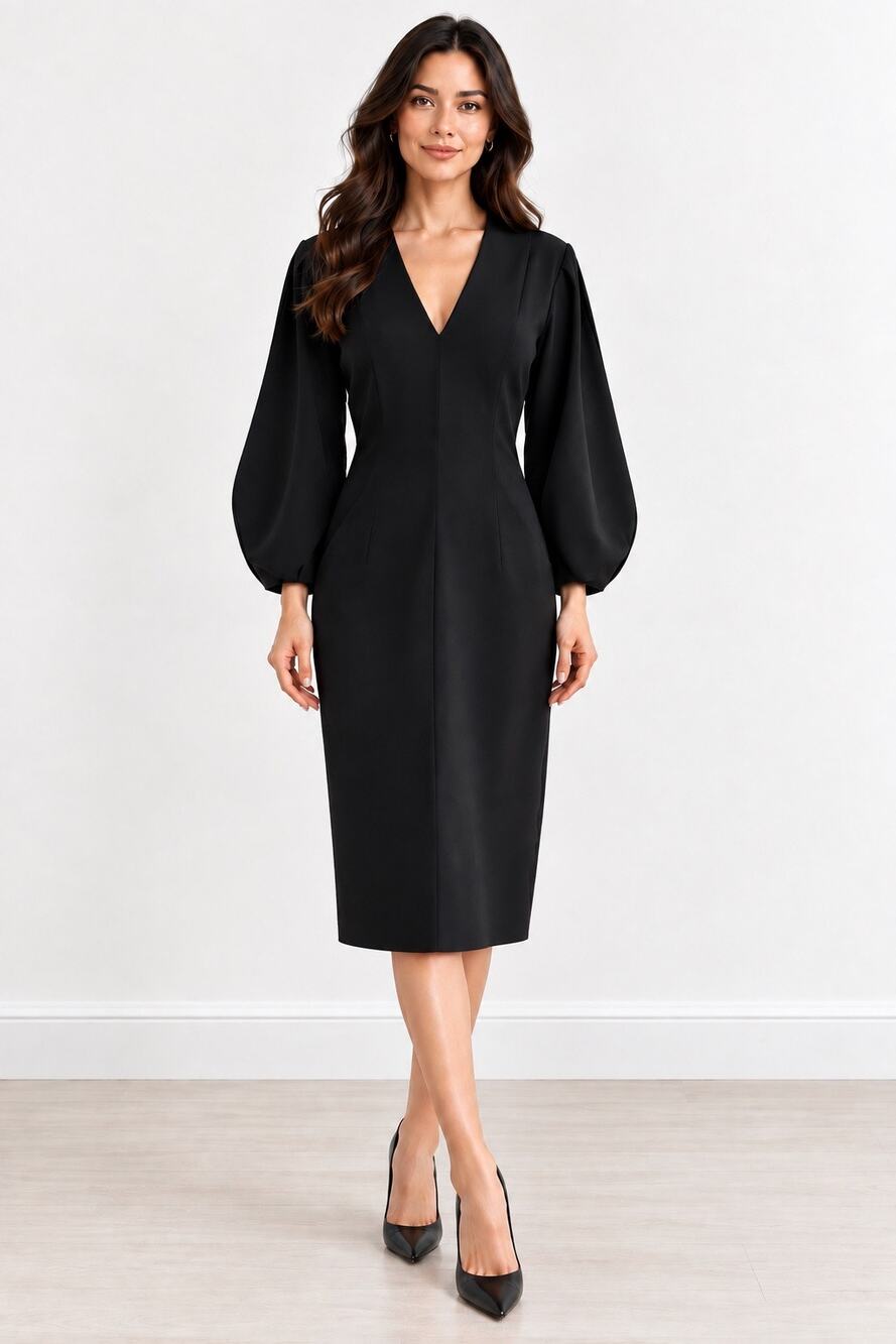 Maria Pinto USA Scuba Sheath Dress Balloon Sleeves Black Large Minimalist
